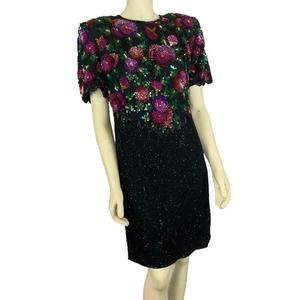 Vintage 80s Laurence Kazar Silk floral Beaded and Sequins Floral Dress size XL